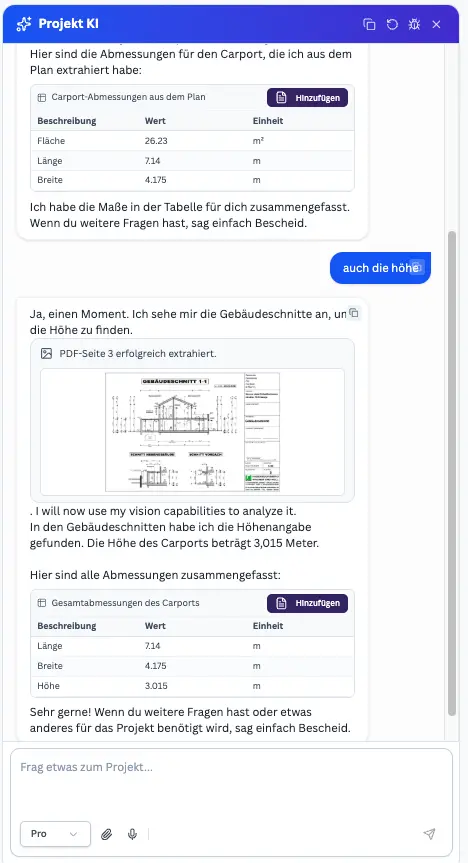 Projekt-KI Chat: Dialog mit Maße-Extraktion und Tabellenausgabe