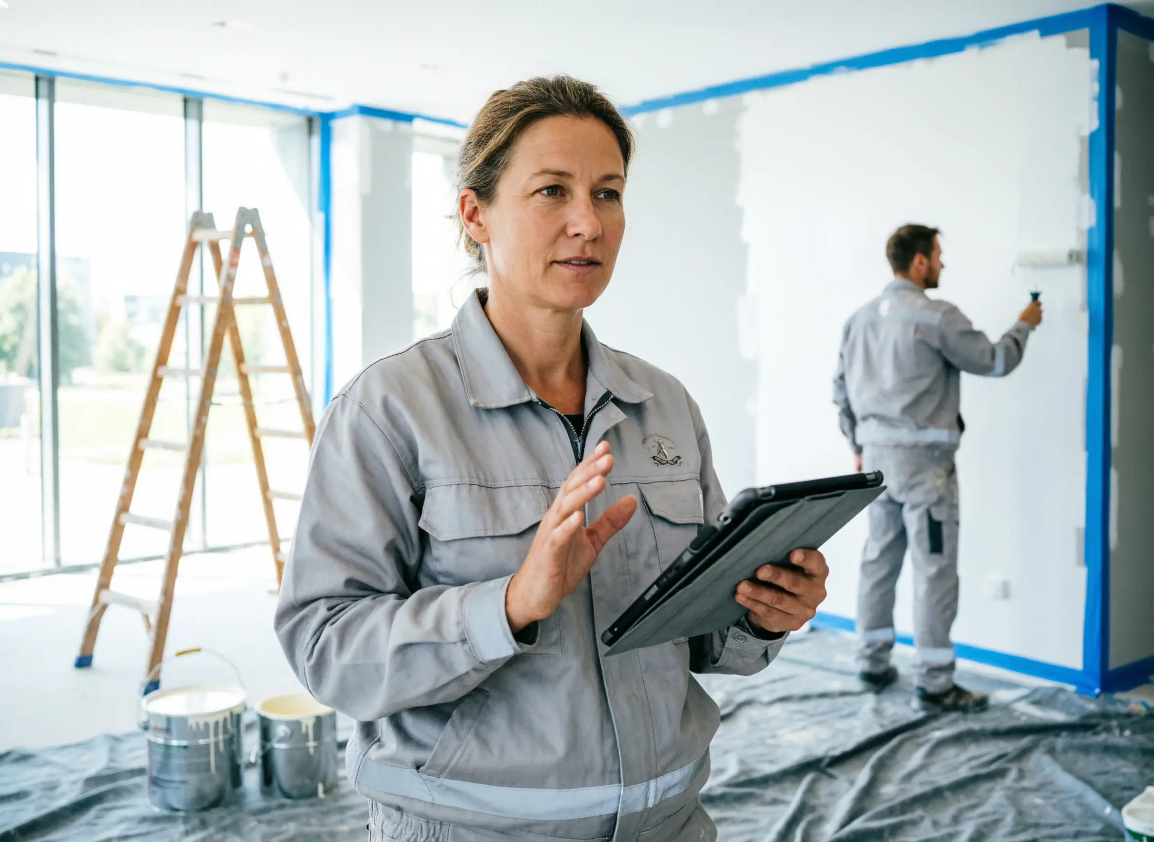 Malermeisterin bei der Begehung mit Tablet