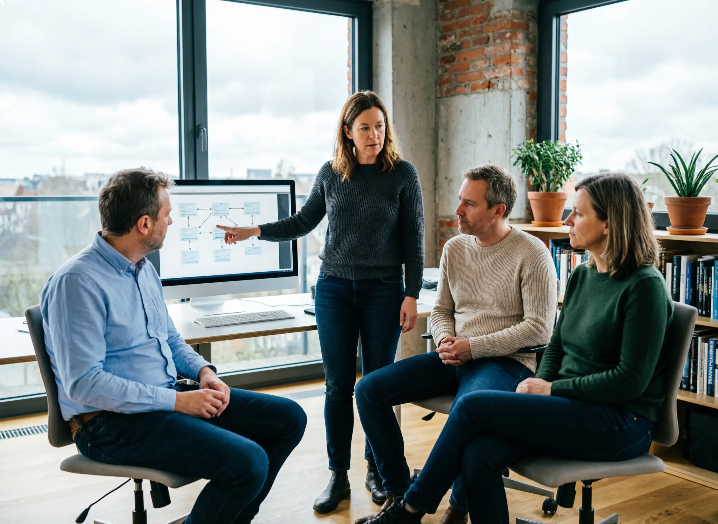 Engineering-Team bespricht Systemarchitektur am Bildschirm