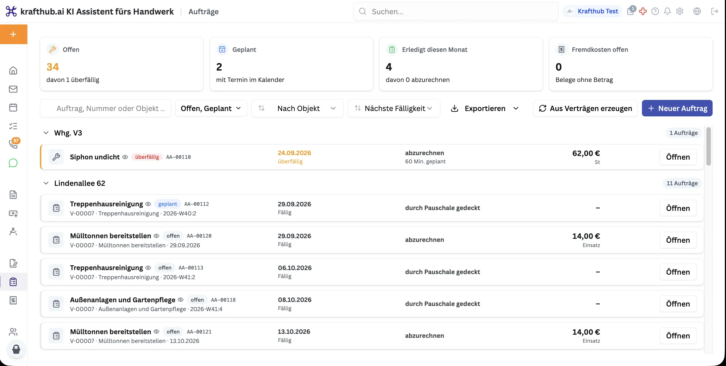 KraftHub Auftragsübersicht nach Objekt mit Fälligkeit, Abrechnungsstatus und der Schaltfläche Aus Verträgen erzeugen