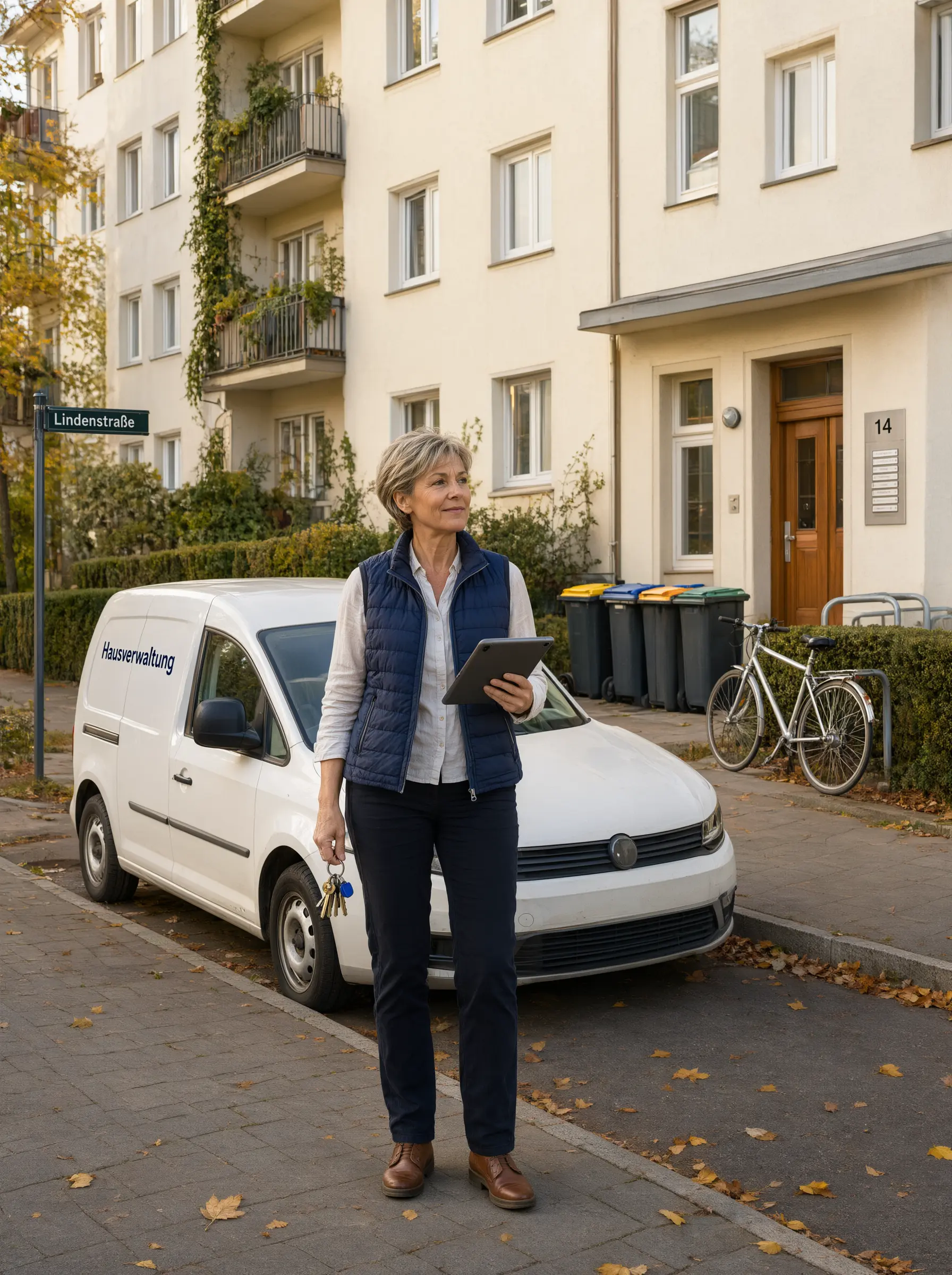 Hausmeisterin mit Tablet und Schlüsselbund vor einem Mehrfamilienhaus, daneben ein Transporter mit der Aufschrift Hausverwaltung und die Mülltonnen des Hauses