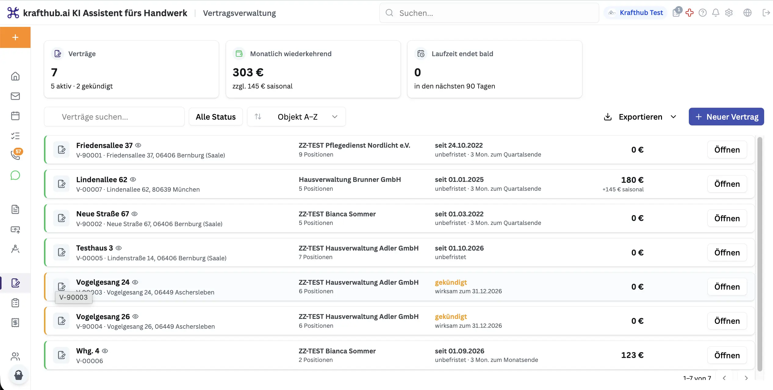 KraftHub Vertragsübersicht mit Objekt, Hausverwaltung, Laufzeit, Kündigungsfrist und Monatsbetrag je Vertrag